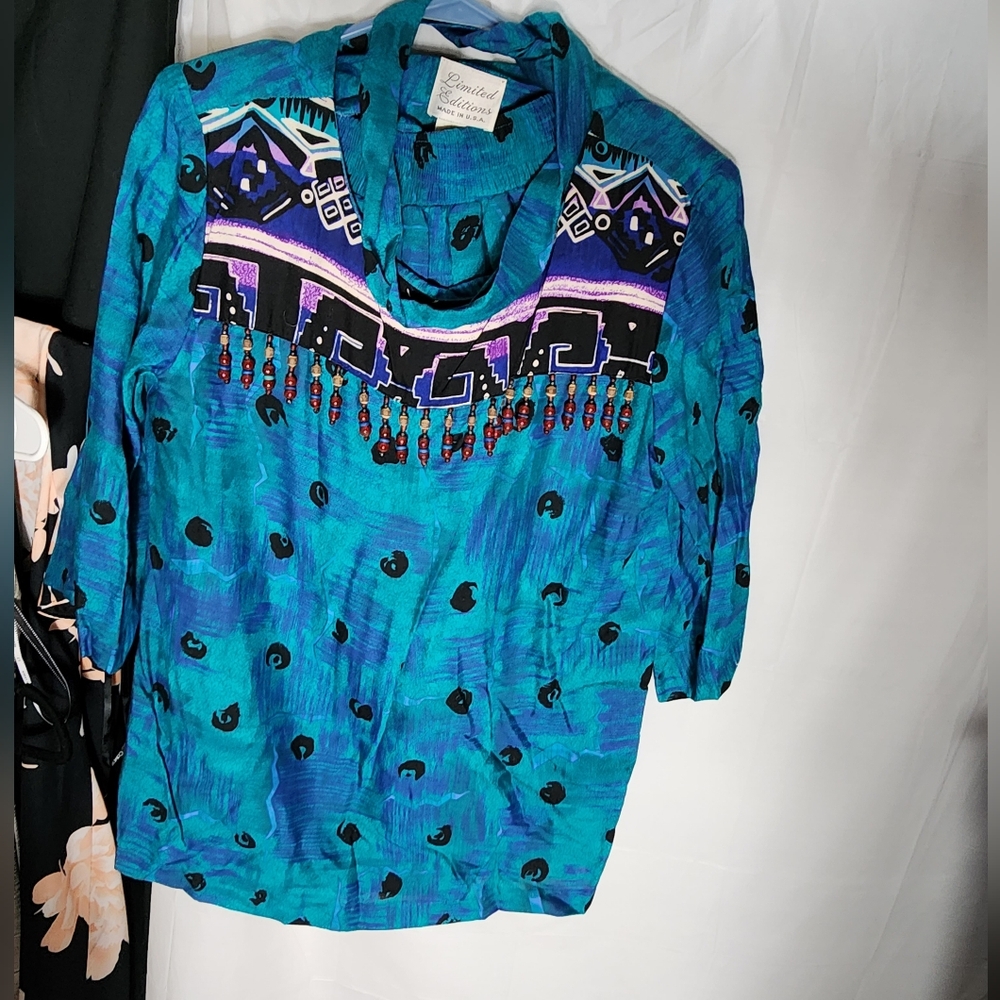 Vintage Caribbean Joe Teal Patterned Blouse